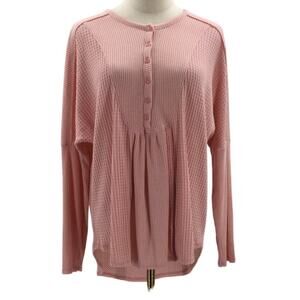 GIBSON LOOK M pink blush long sleeve button waffle knit top blouse NWT B65